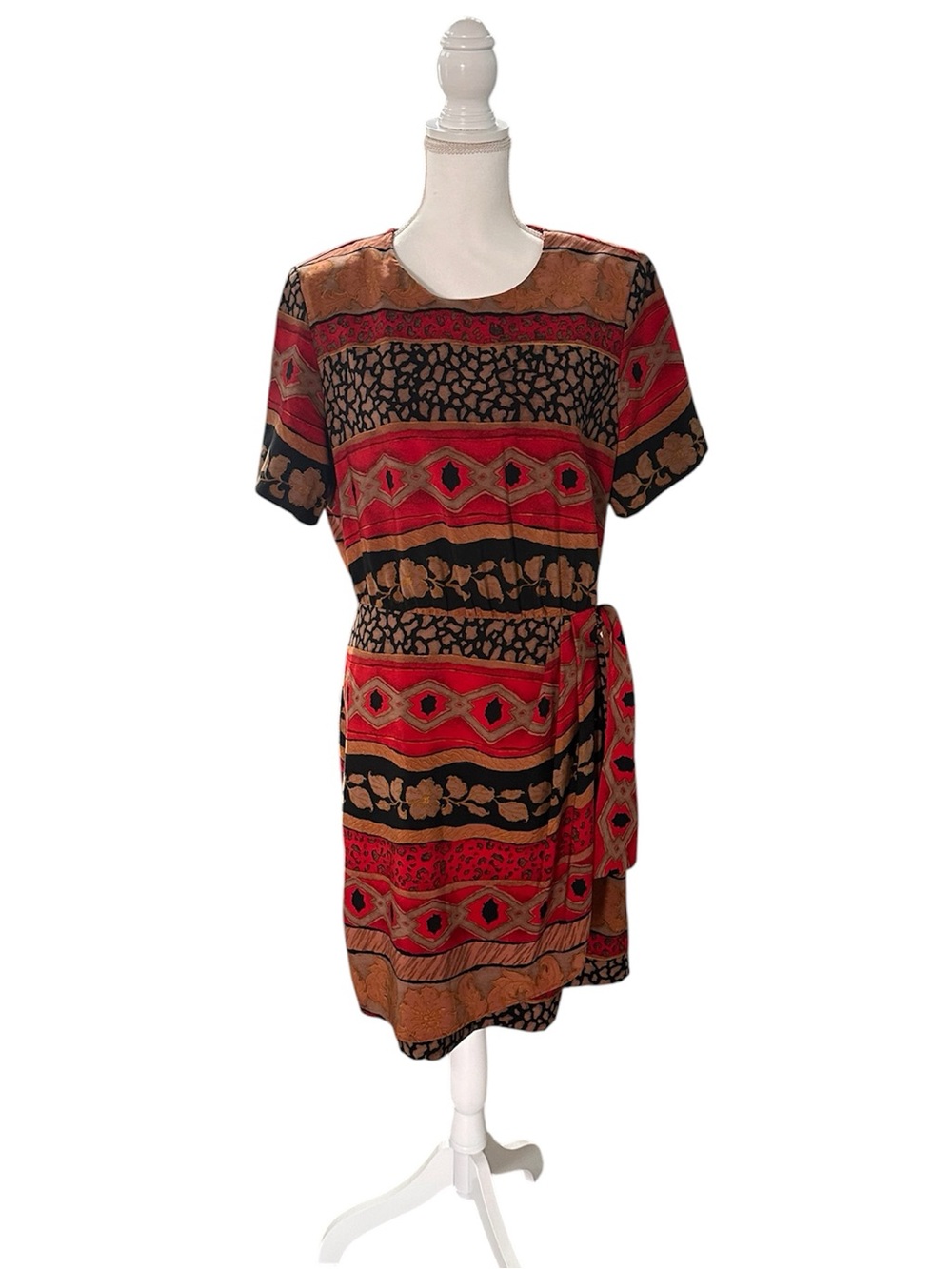 Vintage Prophecy by Sag Harbor Faux Wrap Dress w Red/Black/Tan Mixed Print, 14